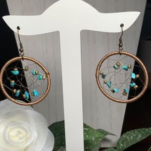 Mystical Dream Catcher Earrings with Turquoise and Golden Brown Beads.